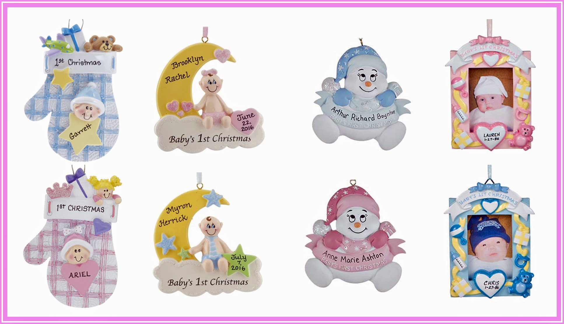 Baby's first Christmas ornament including picture frames, mittens and snowbabies. | OrnamentShop.com
