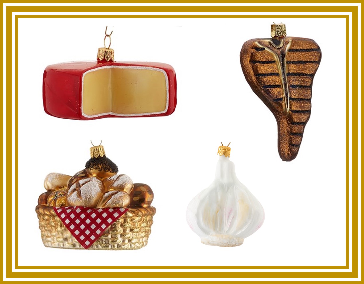 Ornaments of food that is popular for Christmas in the Netherlands including cheese, garlic, steak and bread. | OrnamentShop.com
