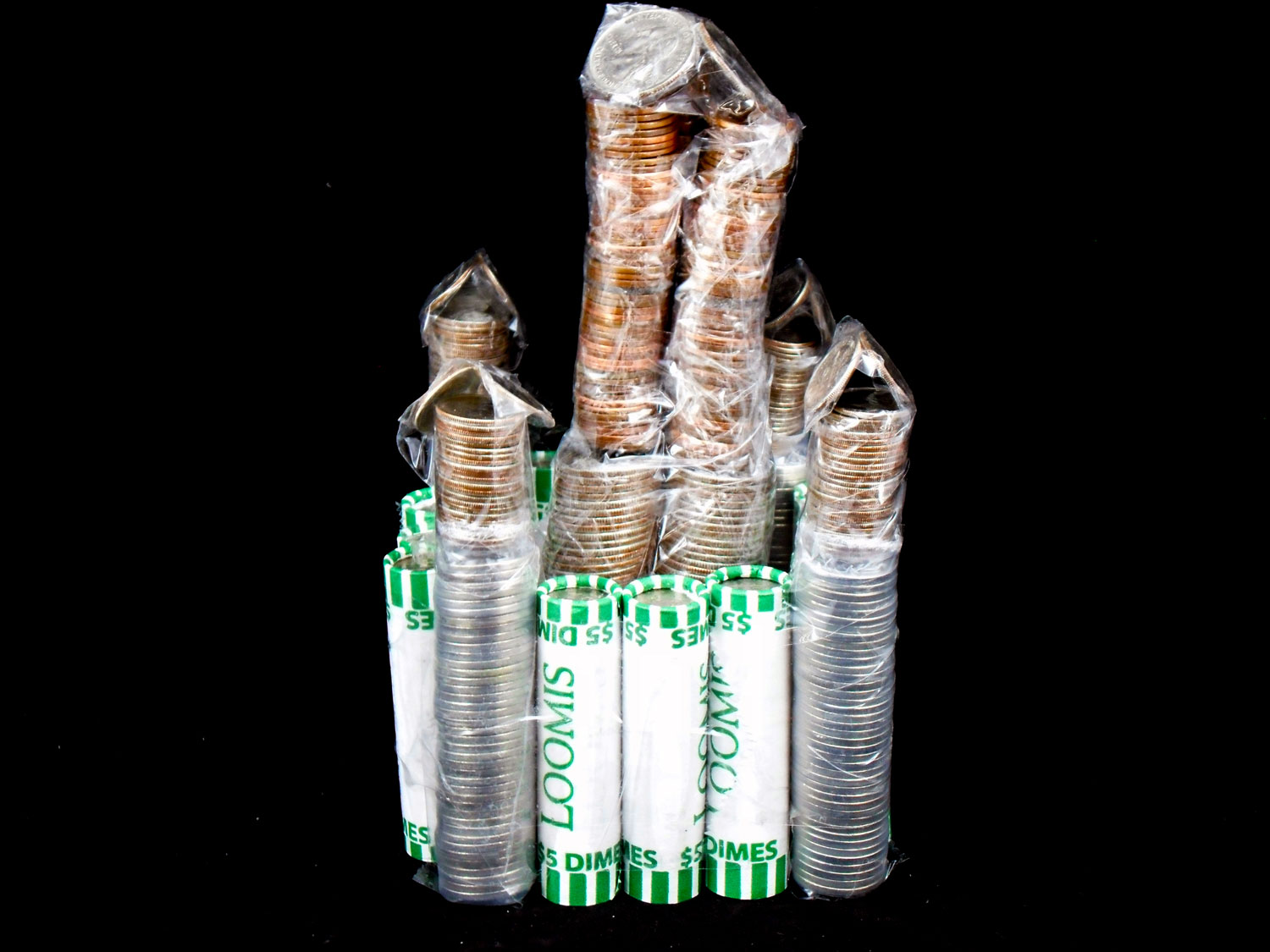 Tubes of coins stacked to resemble a castle | OrnamentShop.com
