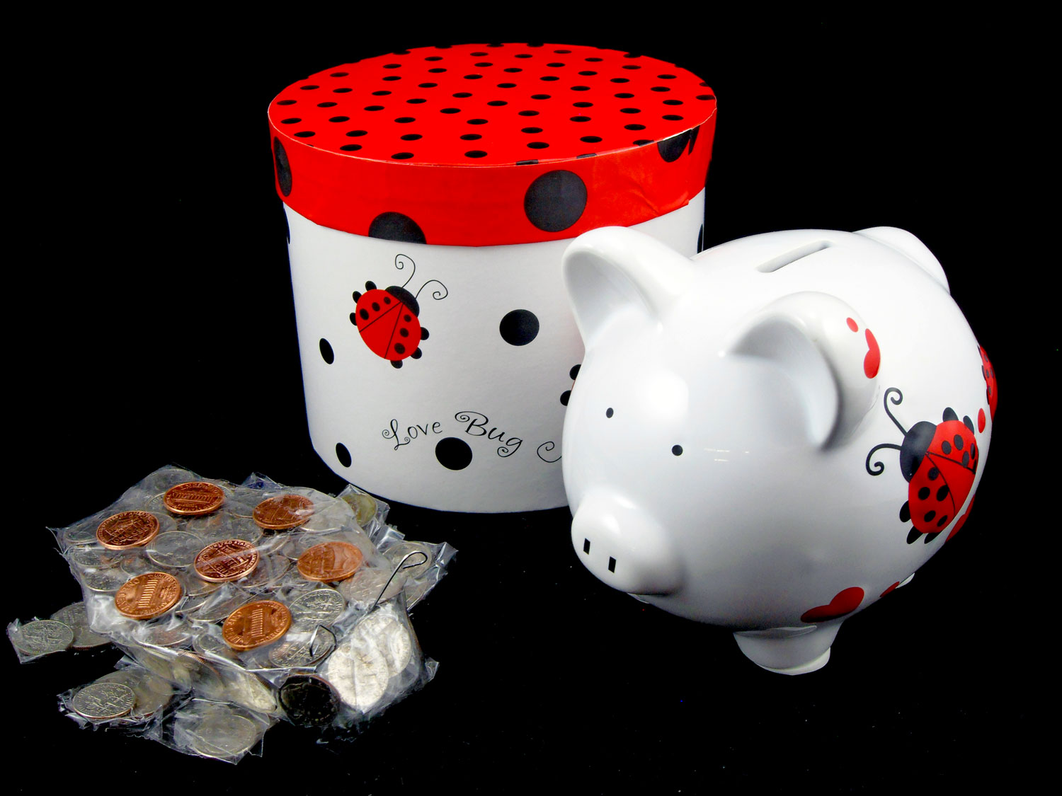 Girl's piggy bank with a red ladybug painted on the side next to a coin sculpture ladybug | OrnamentShop.com