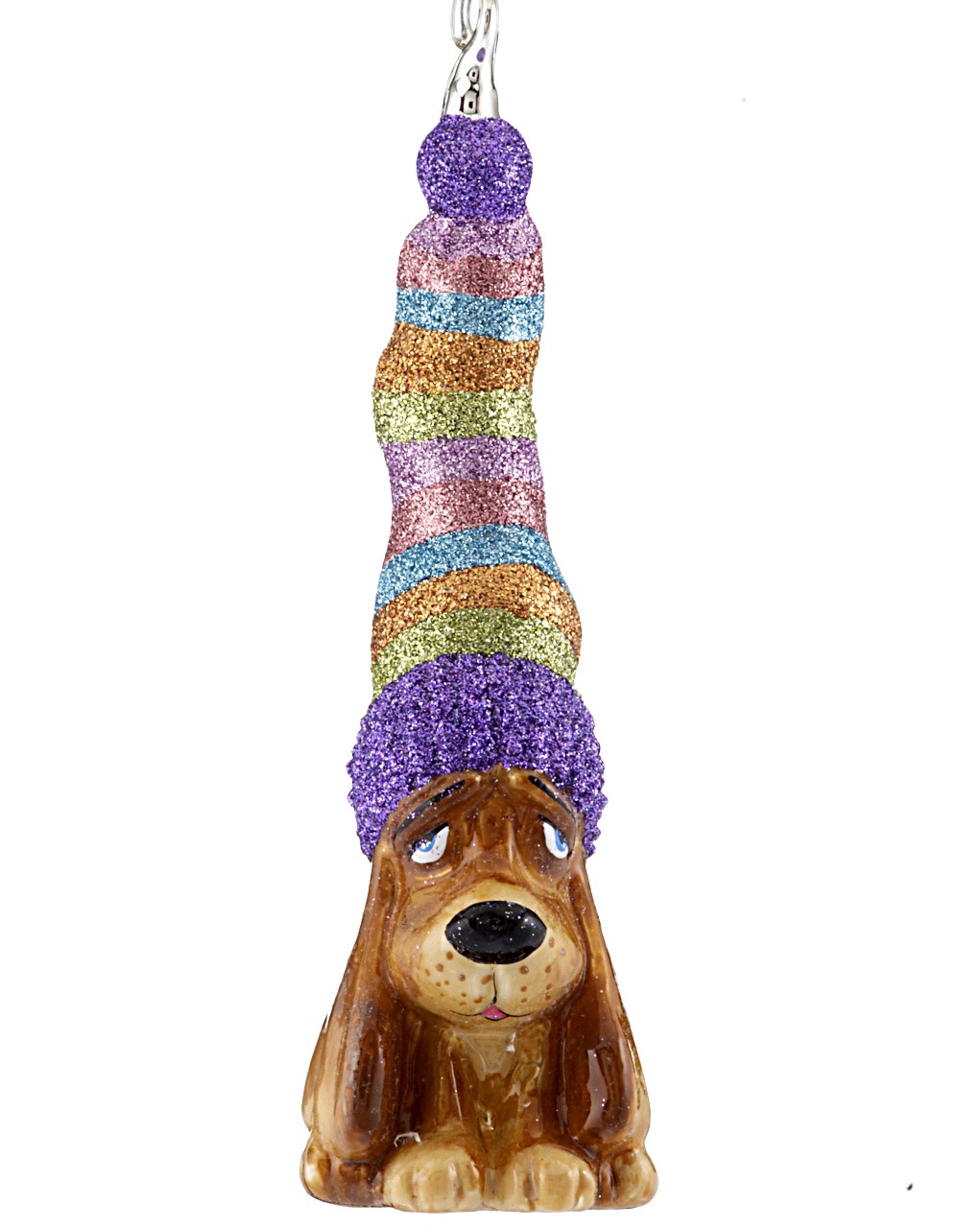 A funny dog Christmas ornament with a tall colorful hat. | OrnamentShop.com