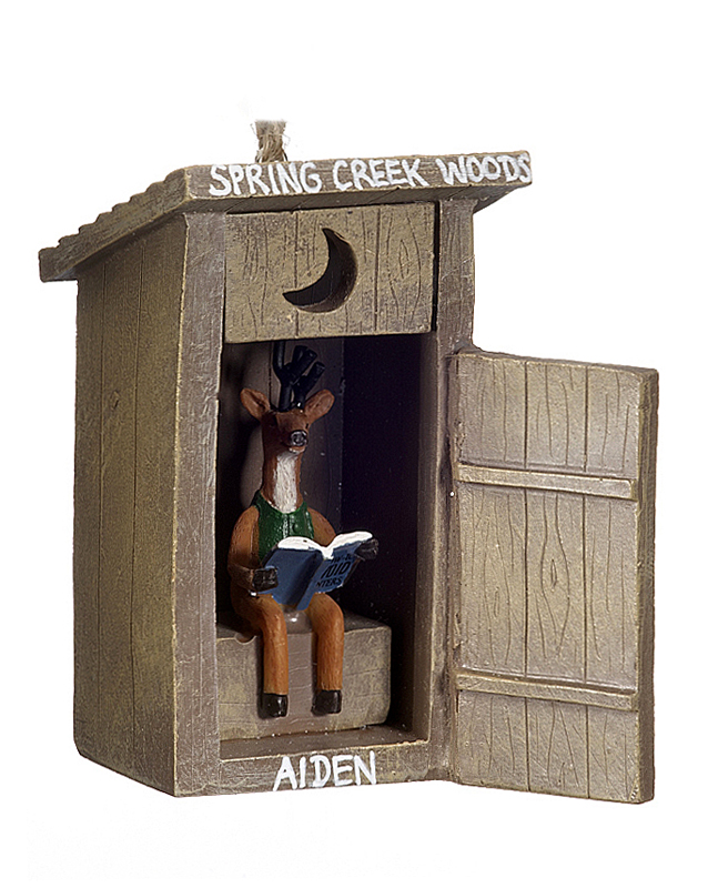 A funny Christmas ornament with a deer using an outhouse, perfect for friends who enjoy camping and hiking. | OrnamentShop.com