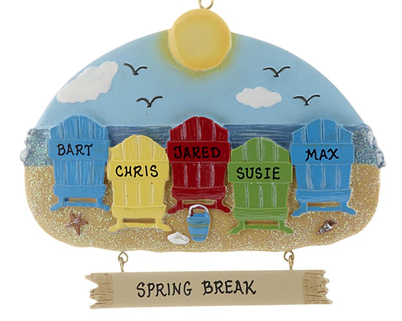A beach ornament with 5 Adirondack chairs to personalize with names and a tag underneath for where you went on vacation!| OrnamentShop.com