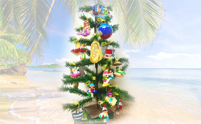 A beach-themed coastal decor Christmas tree with personalized ornaments from flip-flops to beach balls and surfers! | OrnamentShop.com