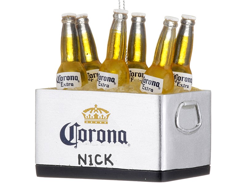 A silver 6-pack of glass Corona bottles made of resin as a personalized Christmas ornament | OrnamentShop.com
