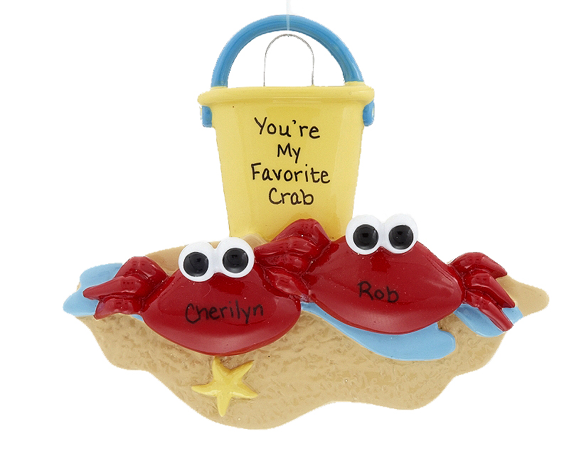 A crab couple holds claws at the beach on a personalized beach-themed Christmas ornament - perfect for a couple's first vacation together! | OrnamentShop.com