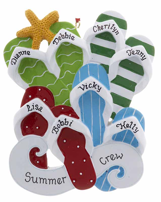A flip-flop and star fish ornament for personalizing up to eight family members on one beach-themed coastal keepsake. Perfect for your summer vacation. | OrnamentShop.com