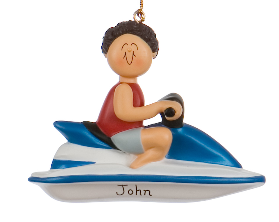 A brunette man on a jet ski ornament. Check our selections to personalize your own! | OrnamentShop.com
