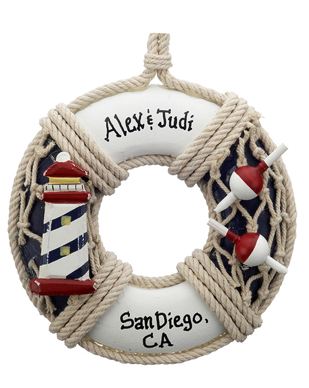 A wooden life preserver nautical ring to personalize and hang on your beach-themed Christmas tree, featuring a lighthouse! | OrnamentShop.com