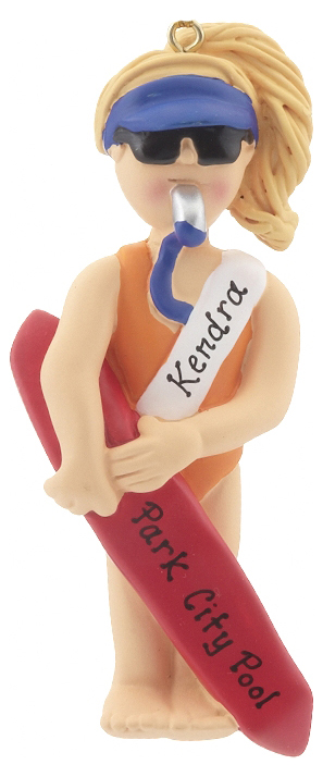 A female lifeguard with a whistle in her mouth, holding a long red life preserver. Personalize with the name of a friend! | OrnamentShop.com