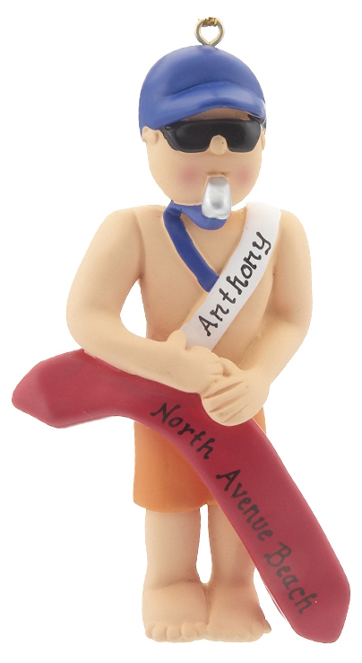 A male life guard has a whistle in his mouth and holds a long life preserver to help save lives. | OrnamentShop.com