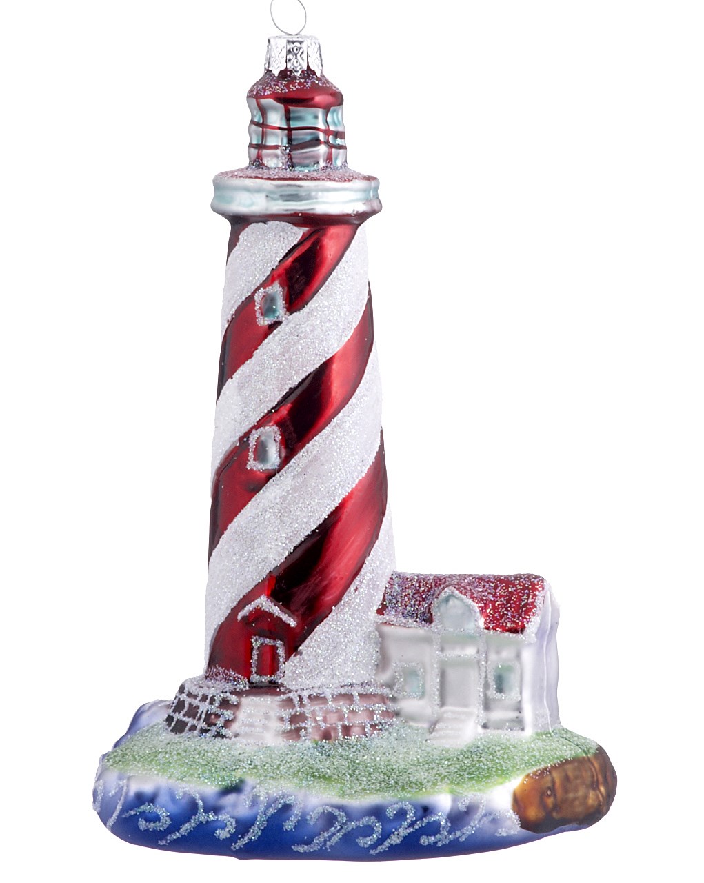 A red and white striped lighthouse resembling a candy cane- perfect for a beach themed Christmas tree. | OrnamentShop.com