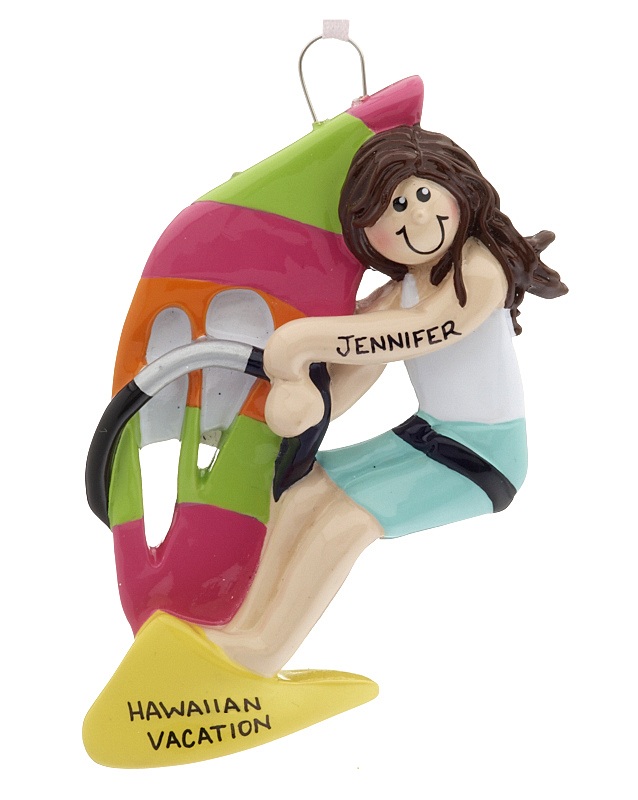 A windsurfing female with a pink and green sail leans into the wind on a personalized ornament. | OrnamentShop.com