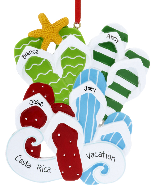 A keepsake with four flip flops, perfect for families of four. Parents will enjoy having the kids' names personalized on this vacation gift. | OrnamentShop.com