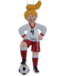 Red Soccer Player Girl Christmas Ornament | OrnamentShop.com