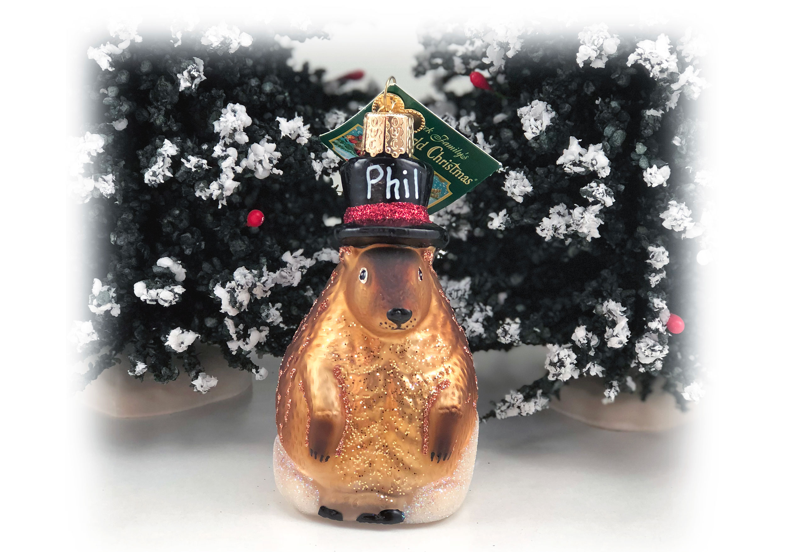 A ornament of a groundhog with Phil written on his hat. | OrnamentShop.com