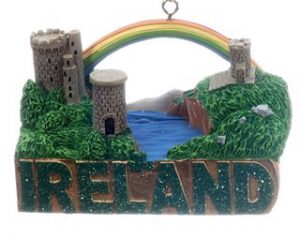 Ornament with stone towers, a lake and a rainbow labeled "Ireland" | Ornamentshop.com