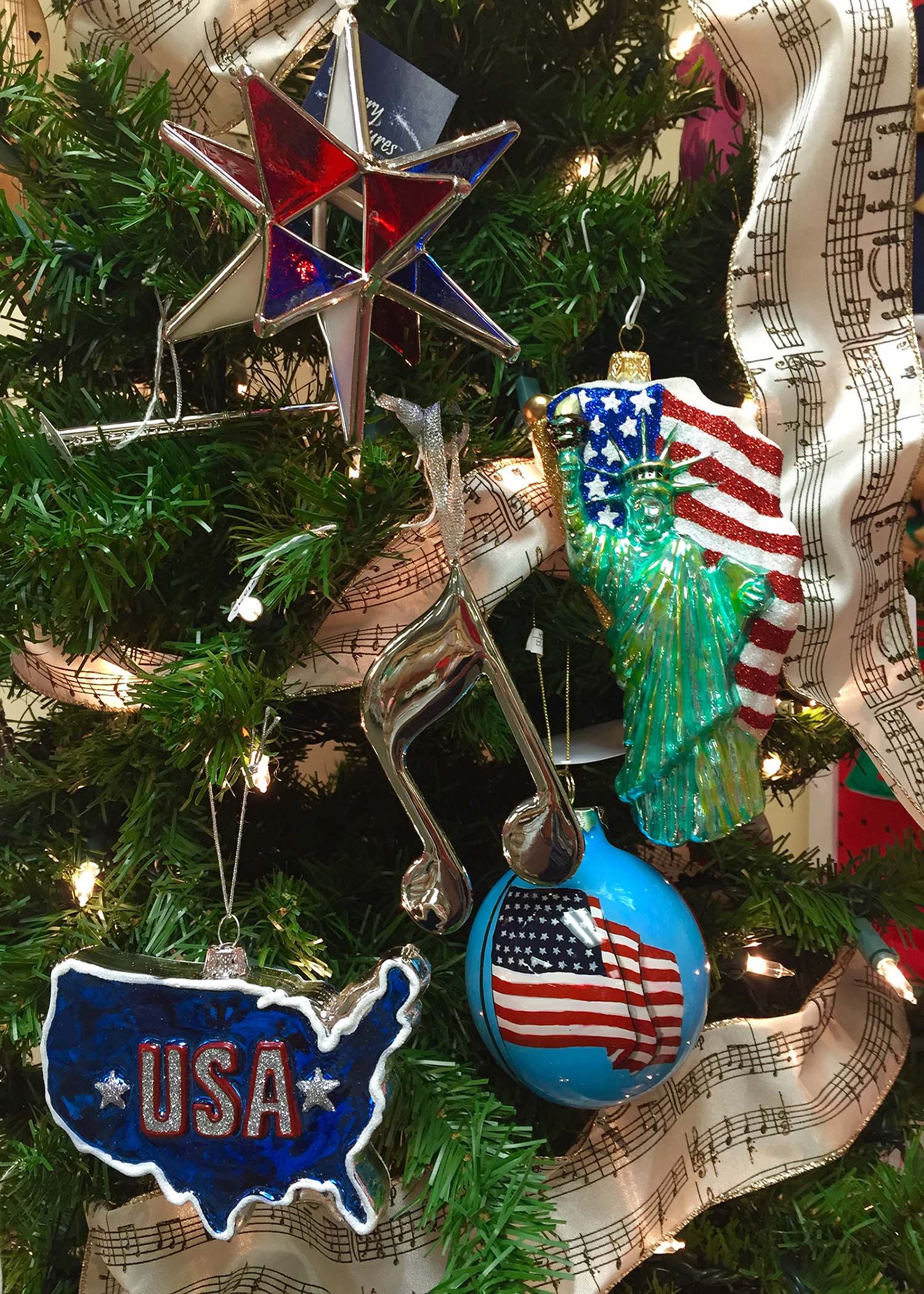 Patriotic ornaments with U.S.A. shape, U.S.A. flag, Statue of Liberty, and glass red, white, and blue star | OrnamentShop.com