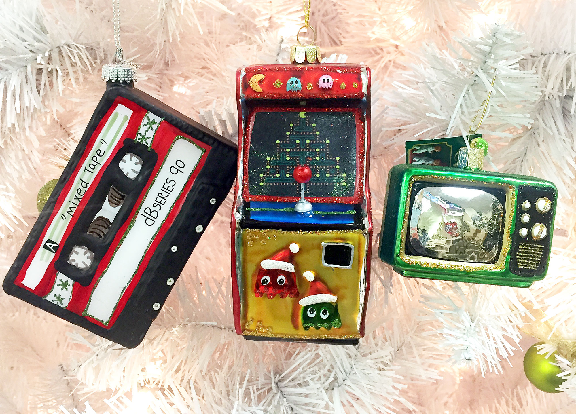 Throw Back Thursday Ornaments with cassette tape, Pac Man arcade, and retro television | OrnamentShop.com