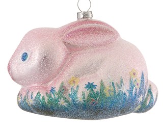 A pink bunny ornament with blue eyes is covered in sparkles and surrounded by blue and yellow flowers | OrnamentShop.com