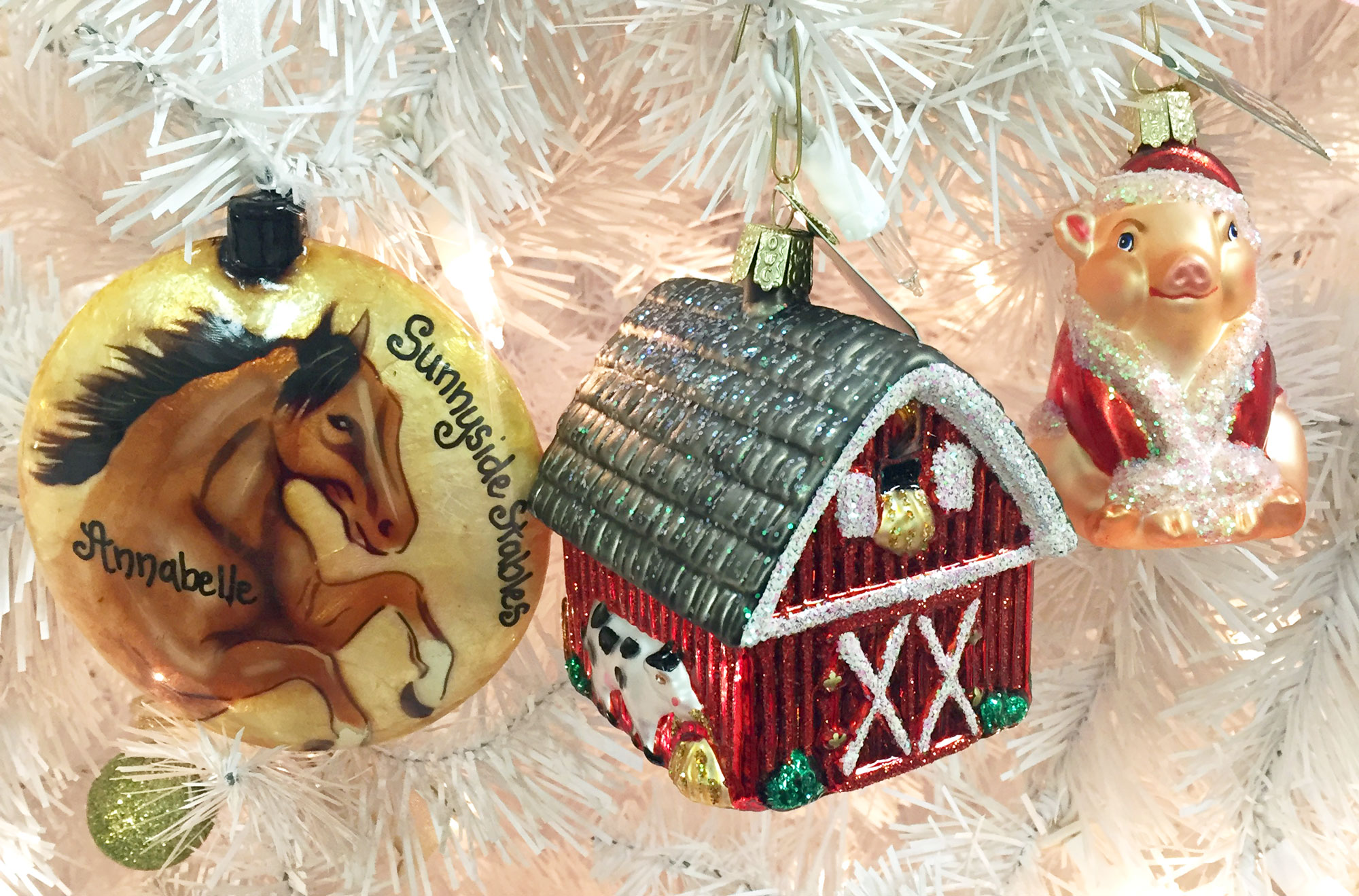 Farm animal ornaments with a red barn celebrate pig and horse day | OrnamentShop.com