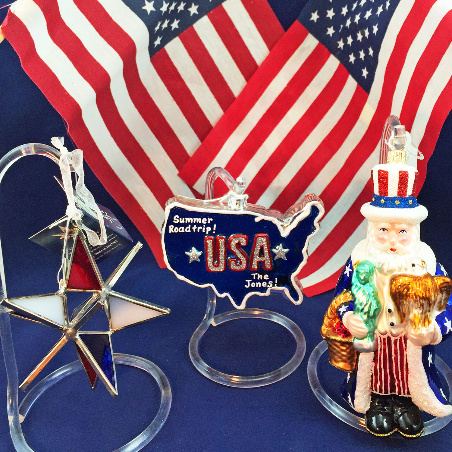 Patriotic ornaments including a glass star, USA country shape and Santa as Uncle Sam for Memorial Day | OrnamentShop.com