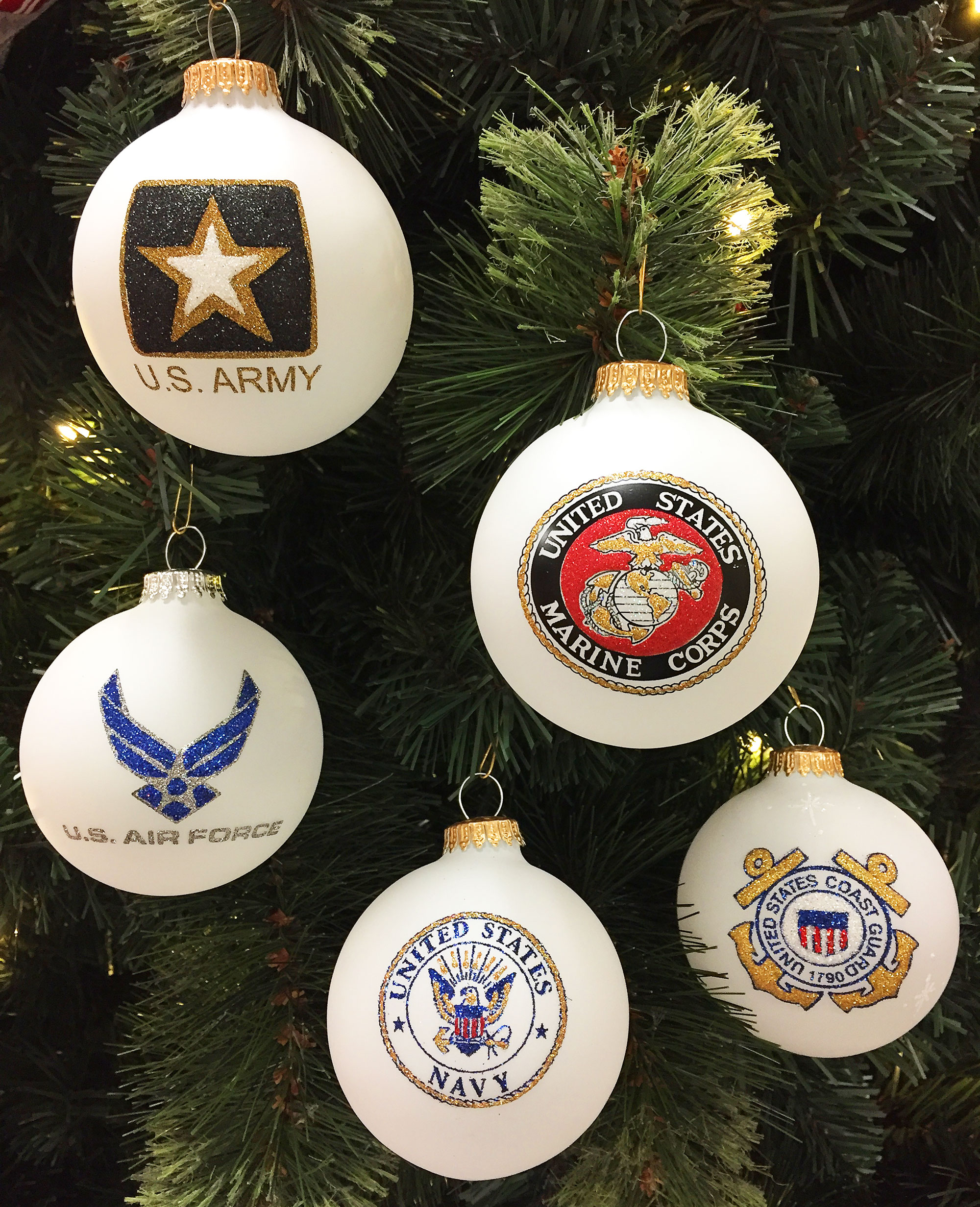 Military ball ornaments that represent the U.S. Army, Navy, Marines, Air-force and Coast Guard | OrnamentShop.com
