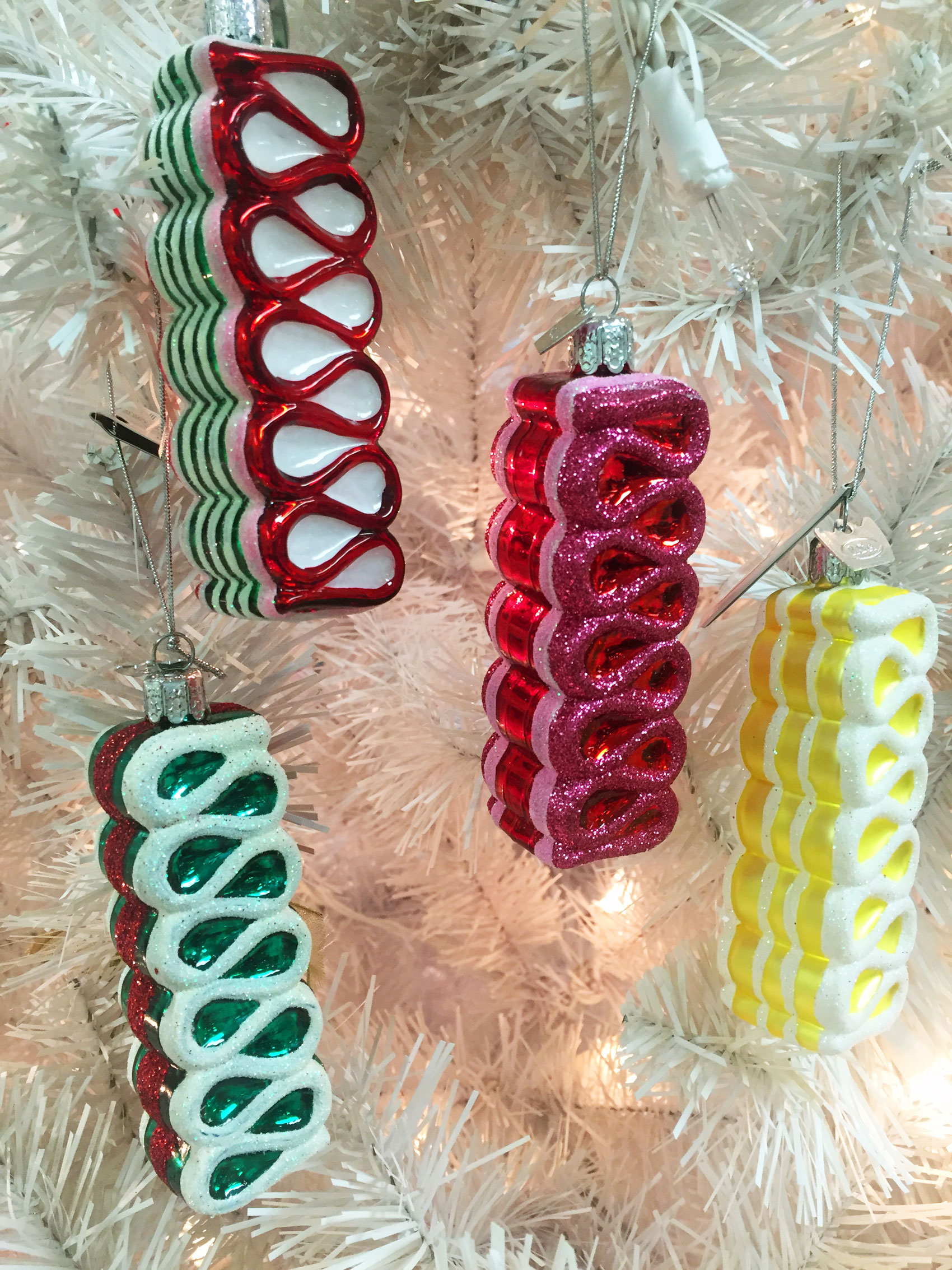 Sets of ribbon candy ornaments in green, red, white, yellow and pink colors | OrnamentShop.com