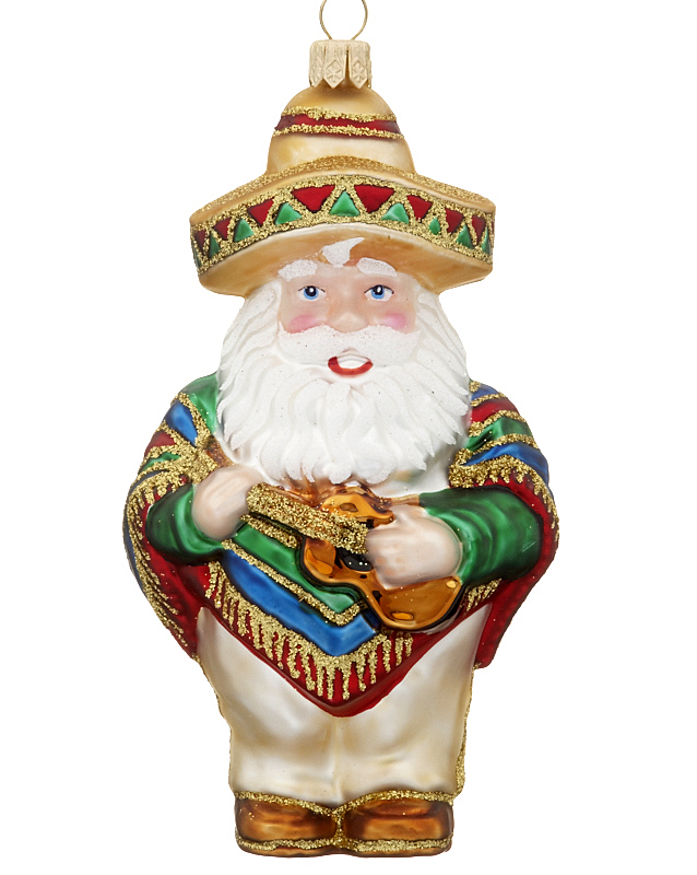A Mexican Santa Claus figurine ornament wearing a traditional sombrero and poncho and playing an acoustic guitar | OrnamentShop.com