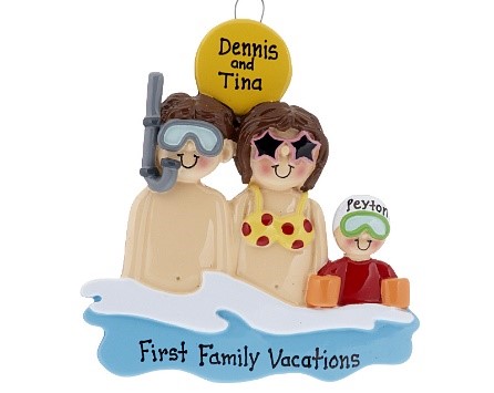 A vacation ornament with a mom, dad and child in the water, and a sun over head. Mom wears a yellow polkadot bikini top, dad wears a snorkle, and child wears swimmies. | OrnamentShop.com