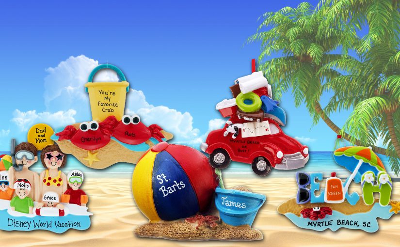 A collection of beach ornaments including a packed car, a beach ball, a pair of crabs and a family of 5 | OrnamentShop.com
