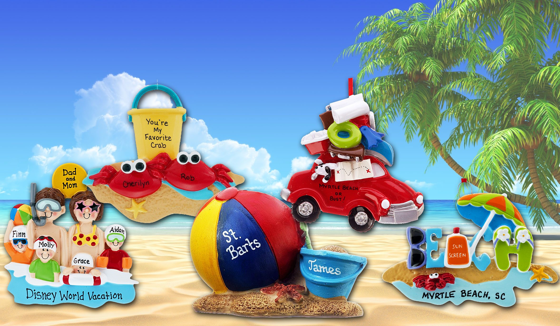 A collection of beach ornaments including a packed car, a beach ball, a pair of crabs and a family of 5 | OrnamentShop.com