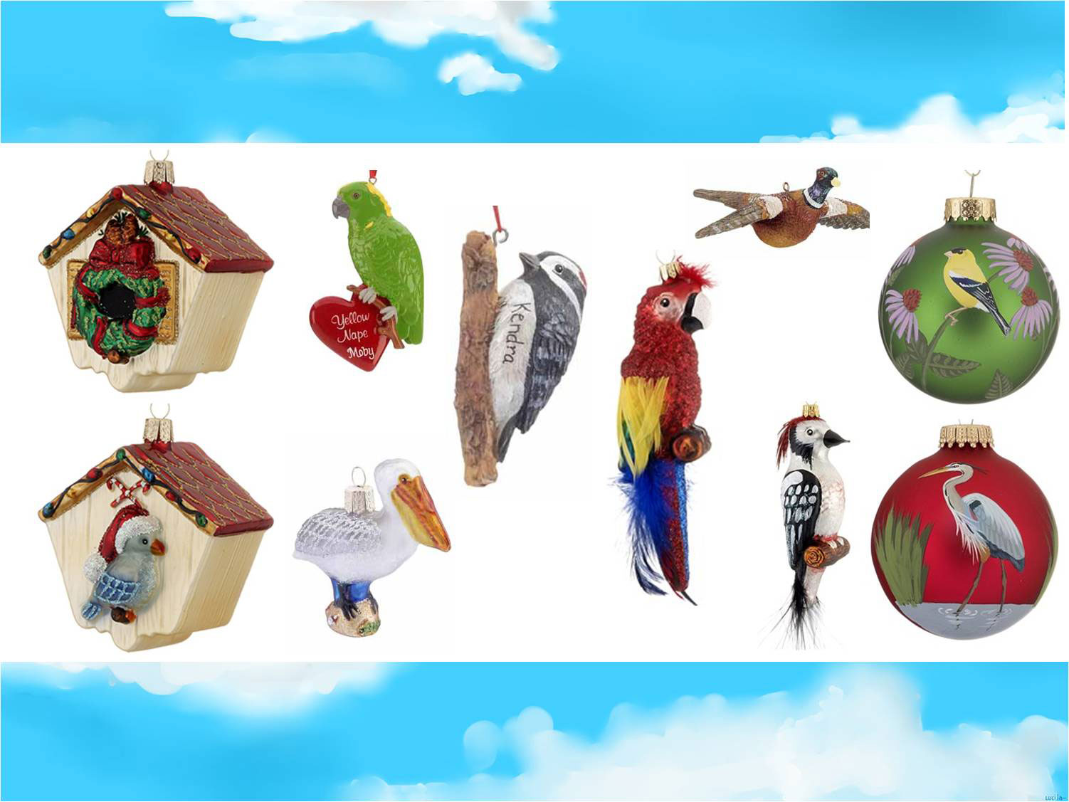 A variety of colorful bird ornaments including an amazon parrot, a yellow nape parrot, a pelican, a woodpecker, and a pheasant | OrnamentShop.com 