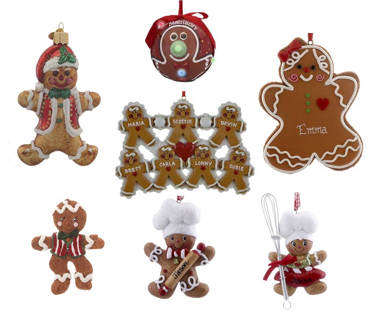 A variety of gingerbread ornaments for you to purchase including a gingerbread chef, a gingerbread Santa, and a gingerbread family of seven | OrnamentShop.com