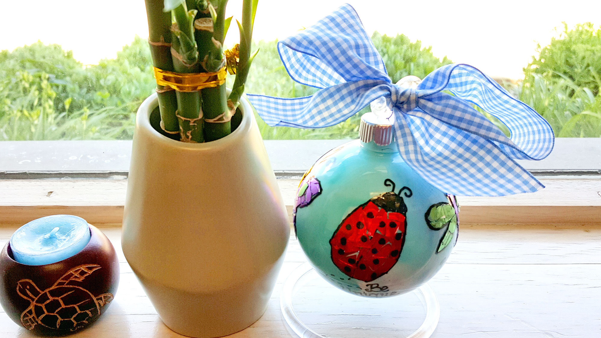 The final product sits on a window sill with a bright red ladybug facing the camera, next to a bamboo plant | OrnamentShop.com