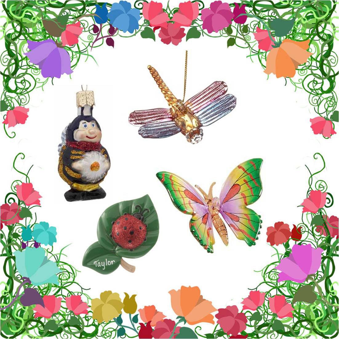 A dragonfly, butterfly, ladybug and bee ornament available to personalize and buy online | OrnamentShop.com