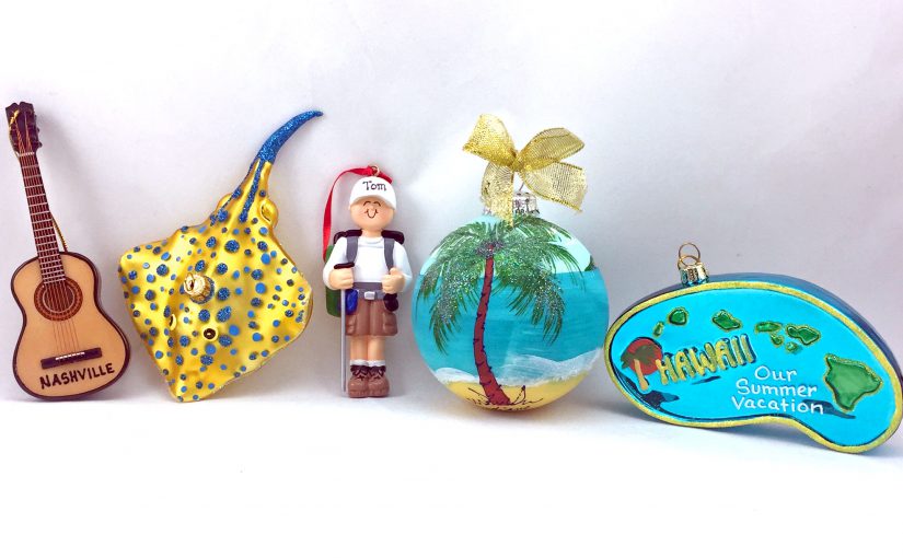 A selection of vacation ornaments representing 5 of the top places to visit in 2017 by National Geographic | OrnamentShop.com