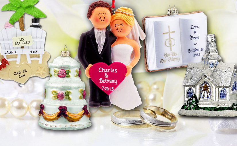 Ornaments with a wedding couple surrounded by a wedding cake, cathedral, bible, rings, and a honeymoon scene | OrnamentShop.com