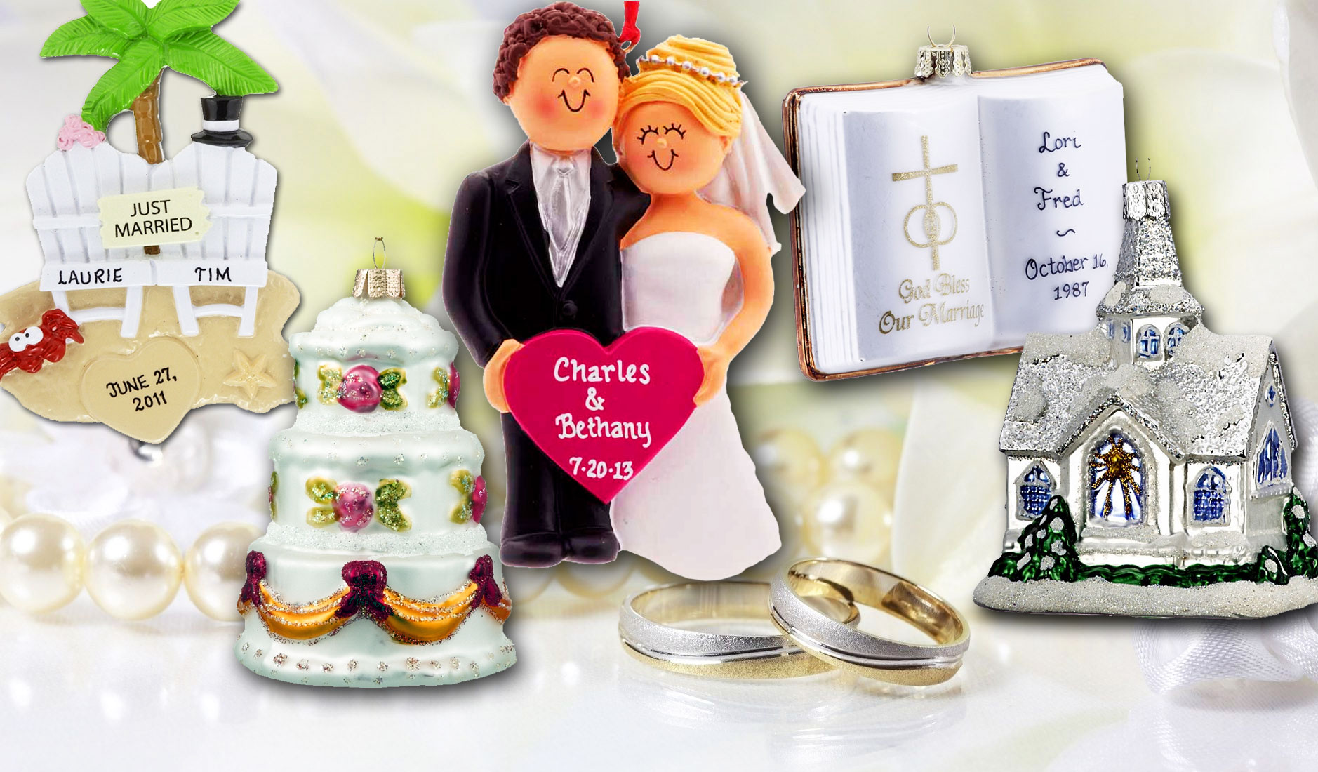 Ornaments with a wedding couple surrounded by a wedding cake, cathedral, bible, rings, and a honeymoon scene | OrnamentShop.com