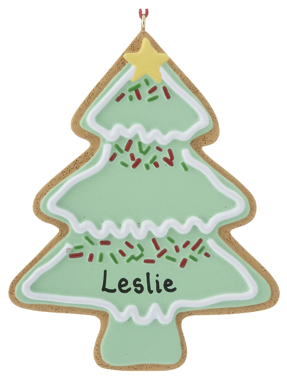 An ornament shaped like a Christmas tree cookie and personalized with a name | OrnamentShop.com