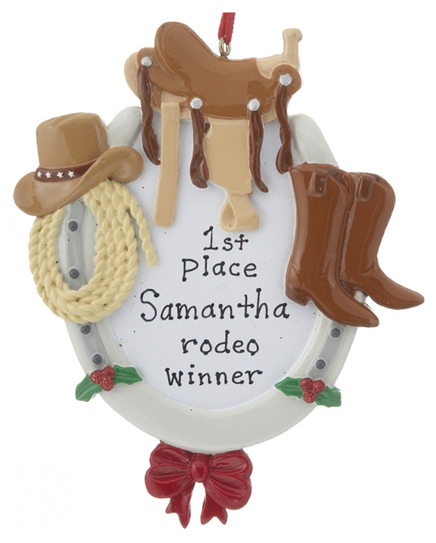 A plaque ornament to be personalized with a horseback rider's name, surrounded by horse accessories, perfect for Christmas gifts. | Ornament Shop