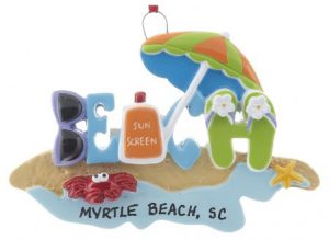 The word Beach spelled out with items you would find on the beach, including an umbrealla, sunglasses, and sun tan lotion | OrnamentShop