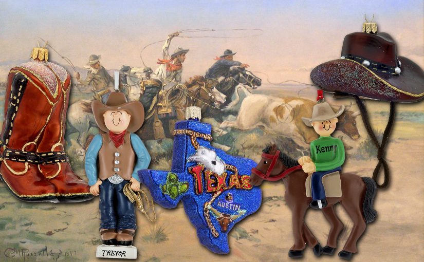 Western-theme ornaments, including the shape of Texas, a pair of red cowboy boots, a man riding a horse, a man fully dressed as a cowboy, and a cowboy hat. | OrnamentShop.com