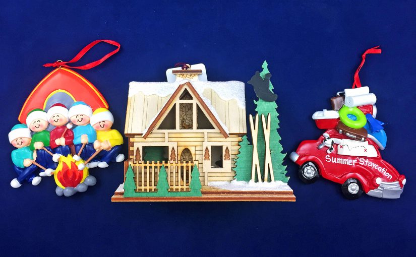 Three ornaments with a family of campers, a packed car heading to the beach and a ski lodge resort. | OrnamentShop.com