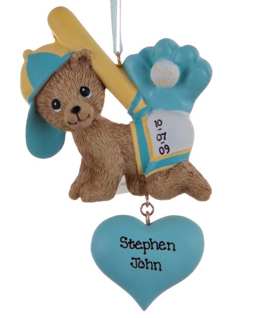 A blue baby's first Christmas ornament with a bear cub and a baseball bat and glove to celebrate the Chicago Cubs 2017 baby boom following their 2016 victory. | OrnamentShop.com
