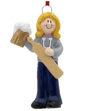 An ornament with a girl holding a beer and a paddle - a symbol of old college traditions. | OrnamentShop.com