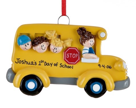 A yellow school bus ornament with three school kids and a bus driver. | OrnamentShop,.com