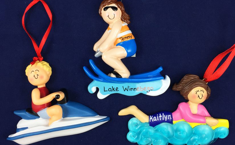 Water sports ornaments, including a boy on a jet ski, a girl on a boogie board and a girl on water skis. | OrnamentShop.com