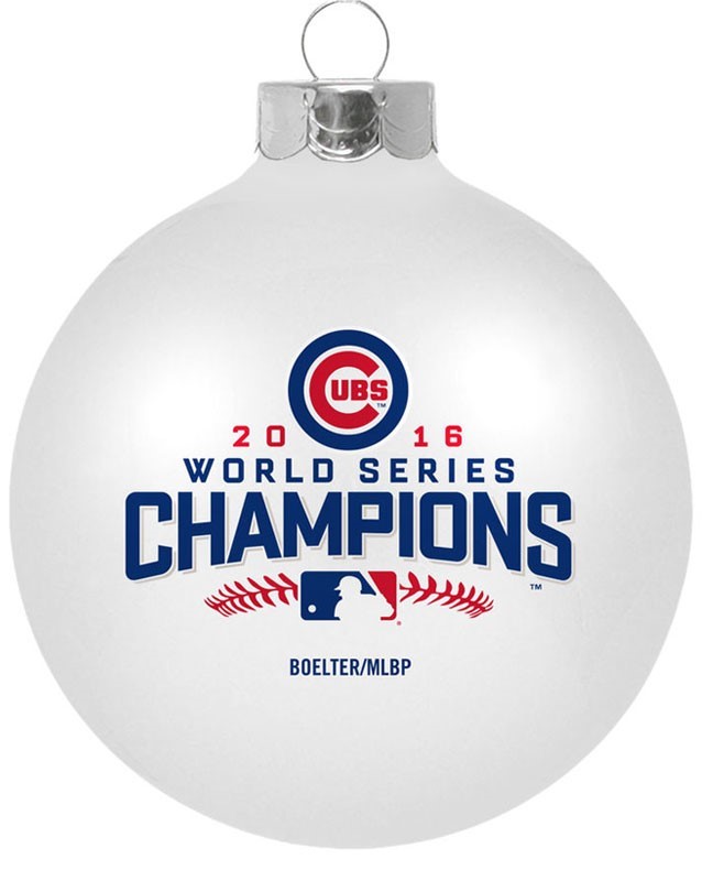 A 2016 World Series Cubs Champions glass ball ornament for personalizing your baby's name for the Chicago Cubs 2017 baby boom | OrnamentShop.com
