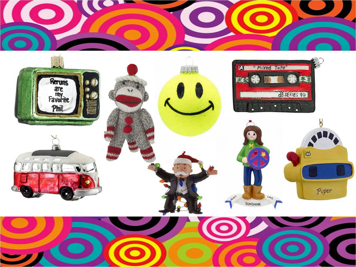 A collage of nostalgic ornaments that will remind you of the days when Chia Pets were popular, including a sock monkey, the original smiley face, and Mr. Monopoly. | OrnamentShop.com